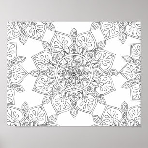 Affiche Mandala à colorier noir blanc floral