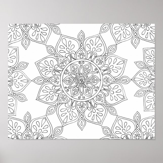 Affiche Mandala à colorier noir blanc floral (Devant)