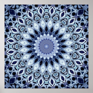Affiche Mandala à motif kaléidoscope bleu et blanc