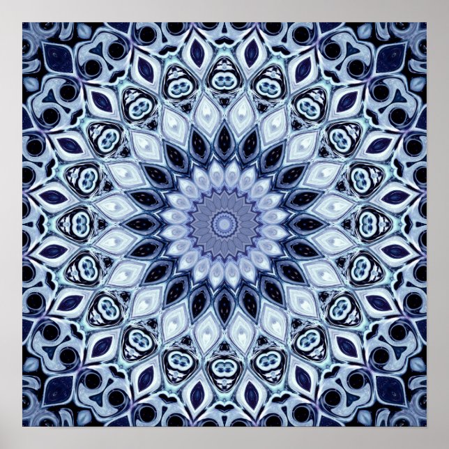 Affiche Mandala à motif kaléidoscope bleu et blanc (Devant)