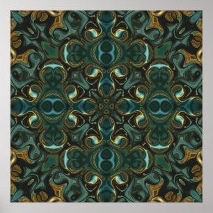 Affiche Mandala abstrait symétrique émeraude et or