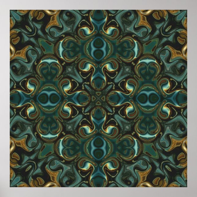 Affiche Mandala abstrait symétrique émeraude et or (Devant)