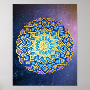 Affiche Mandala Blue Purple Golden Flower Galaxy