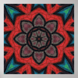 Affiche Mandala de fleurs en kaléidoscope rouge et noir gr