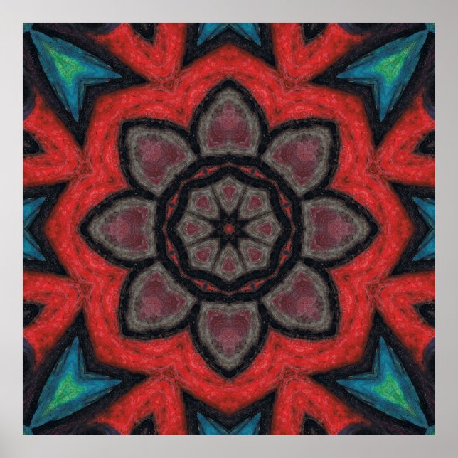 Affiche Mandala de fleurs en kaléidoscope rouge et noir gr (Devant)