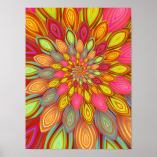 Affiche Mandala de fleurs psychédéliques - Flore arc-en-ci
