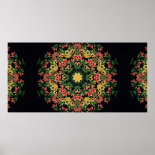 Affiche Mandala floral clair aux fleurs rouges et jaunes.