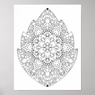 Affiche Mandala Floral en Forme de Feuille pour Coloriage