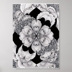 Affiche Mandala Floral Monochrome Élégant Noir Et Blanc