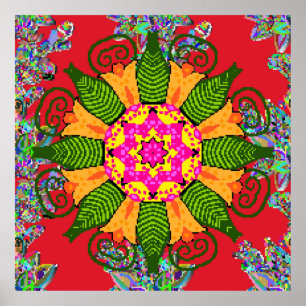 Affiche Mandala floral rond de couleur sur un rouge, vert