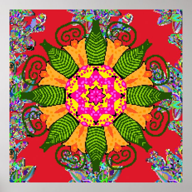 Affiche Mandala floral rond de couleur sur un rouge, vert  (Devant)