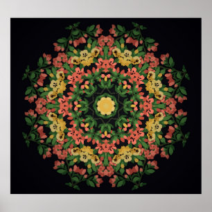 Affiche Mandala floral : rouge, vintage jaune.