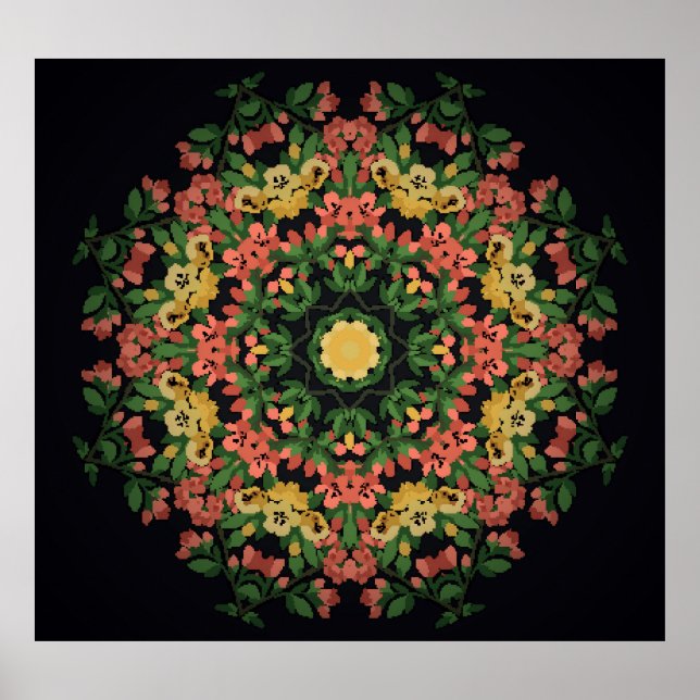 Affiche Mandala floral : rouge, vintage jaune. (Devant)