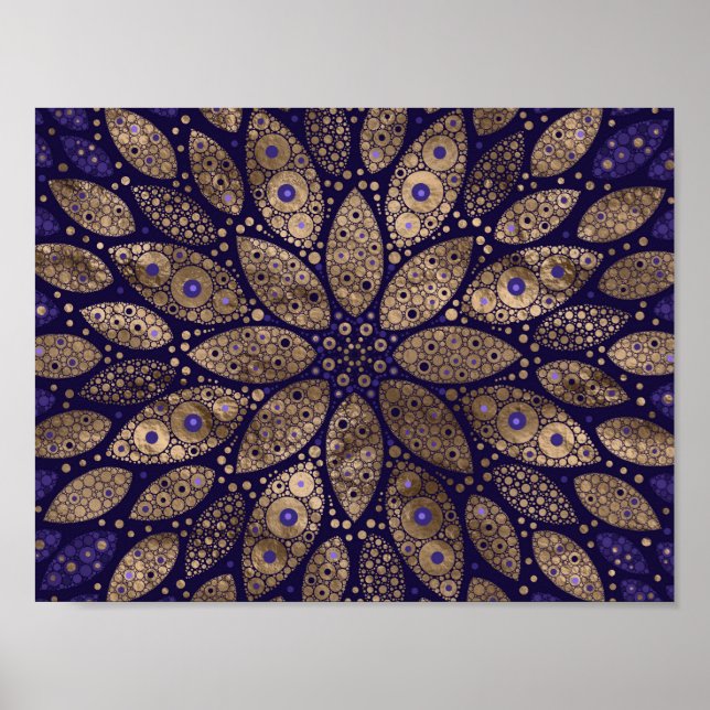 Affiche Mandala Flower - Dot Art - violet et or (Devant)