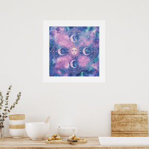 Affiche Mandala Galaxie Nébuleuse Soleil & Lune Céleste