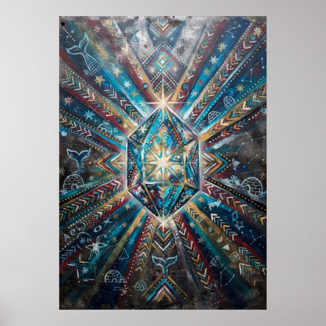 Affiche Mandala Géométrique Cristal Bleu Or (Devant)