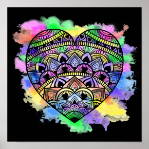 Affiche Mandala Heart Multicolor Aquarelle Imprimer