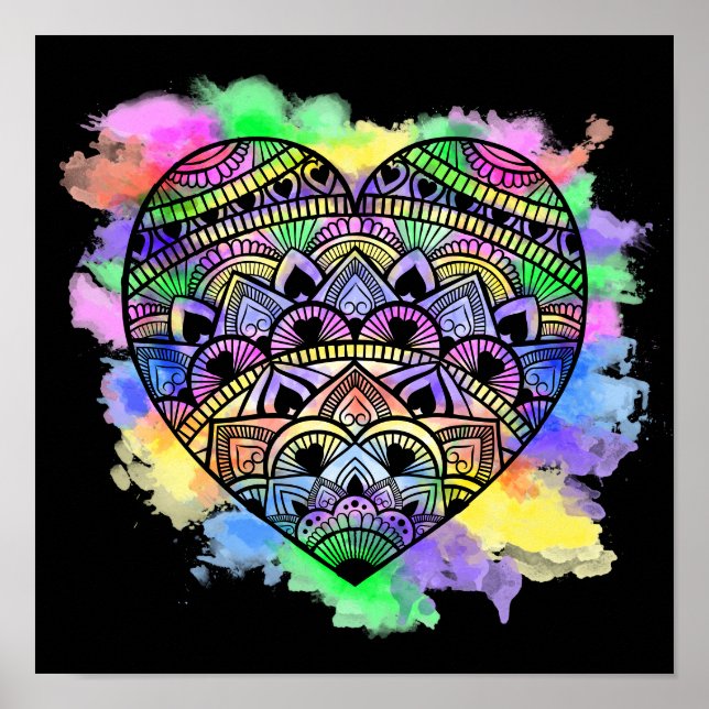 Affiche Mandala Heart Multicolor Aquarelle Imprimer (Devant)