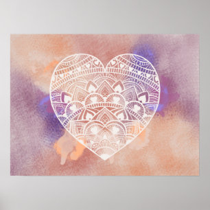 Affiche Mandala Heart Soft Peach Purple Aquarelle Imprimer