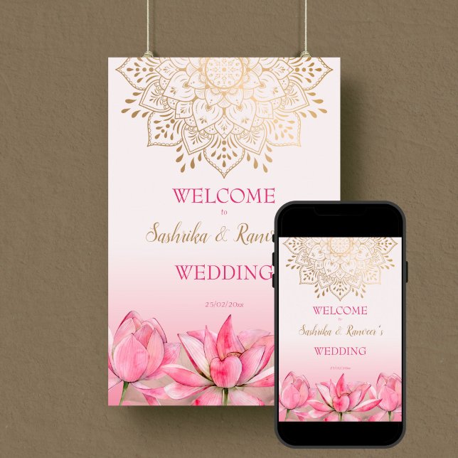 Affiche Mandala indien en or rose lotus bienvenue mariage  (Pink lotus gold mandala Indian wedding editable template welcome sign Poster digital download)