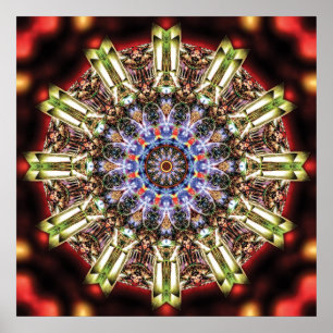 Affiche Mandala kaléidoscopique radieux en cramoisi et or