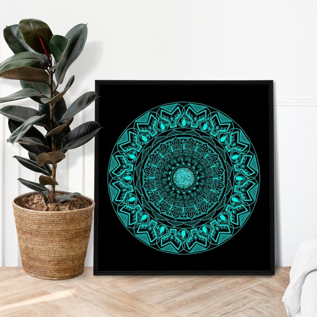 Affiche Mandala Moderne Turquoise Noir Élégant  (Créateur téléchargé)