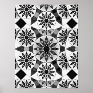 Affiche Mandala motif, noir, blanc et gris