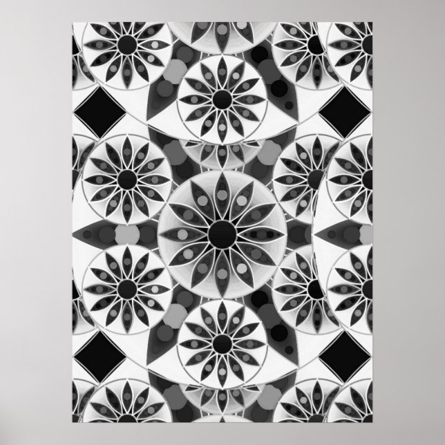 Affiche Mandala motif, noir, blanc et gris (Devant)