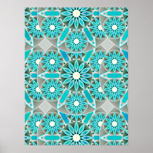 Affiche Mandala Motif, Turquoise, gris argenté et blanc
