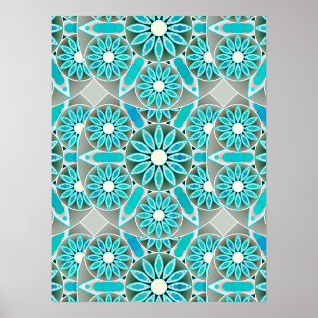 Affiche Mandala Motif, Turquoise, gris argenté et blanc (Devant)