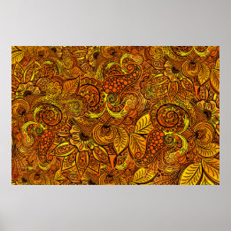 Affiche Mandala nature gold tentacles, flowers and leaves.