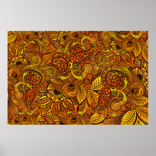 Affiche Mandala nature gold tentacles, flowers and leaves.