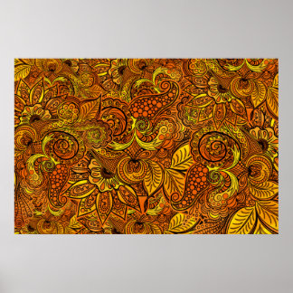 Affiche Mandala nature gold tentacles, flowers and leaves.