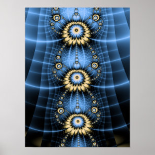 Affiche Mandala Ornemental Fractal Bleu à Motif Symétrique