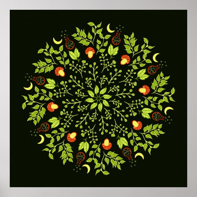 Affiche Mandala plante feuille de champignons potion de so (Devant)