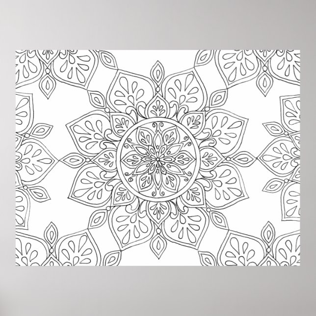 Affiche Mandala pour colorier noir blanc floral (Devant)