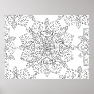 Affiche Mandala pour la coloration de la flore blanche noi
