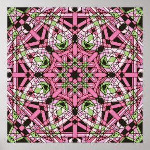Affiche Mandala psychédélique rose et vert en kaléidoscope