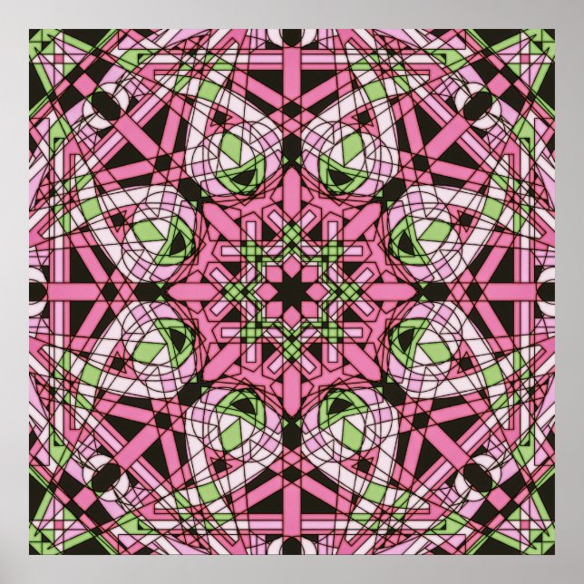 Affiche Mandala psychédélique rose et vert en kaléidoscope (Devant)