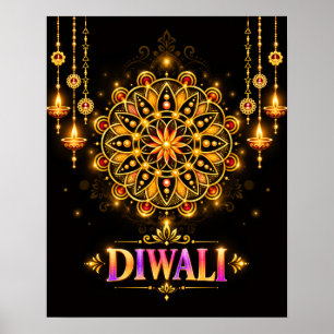 Affiche Mandala Rangoli doré Diwali Festival des lumières