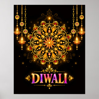Affiche Mandala Rangoli doré Diwali Festival des lumières