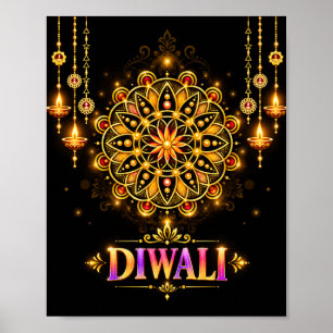 Affiche Mandala Rangoli doré Diwali Fête des lumières