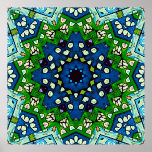 Affiche Mandala Retro Mosaic Vert Motif bleu