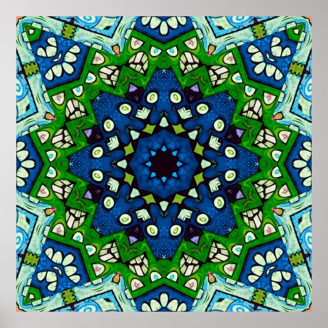 Affiche Mandala Retro Mosaic Vert Motif bleu (Devant)
