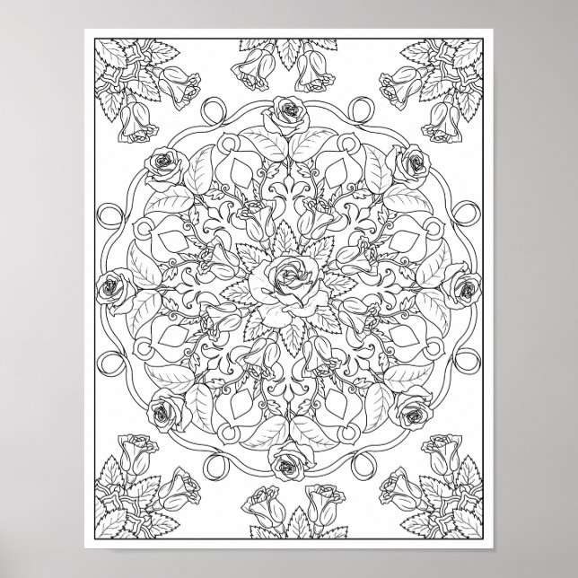 Affiche Mandala Roses pour la coloration pour adultes (Devant)