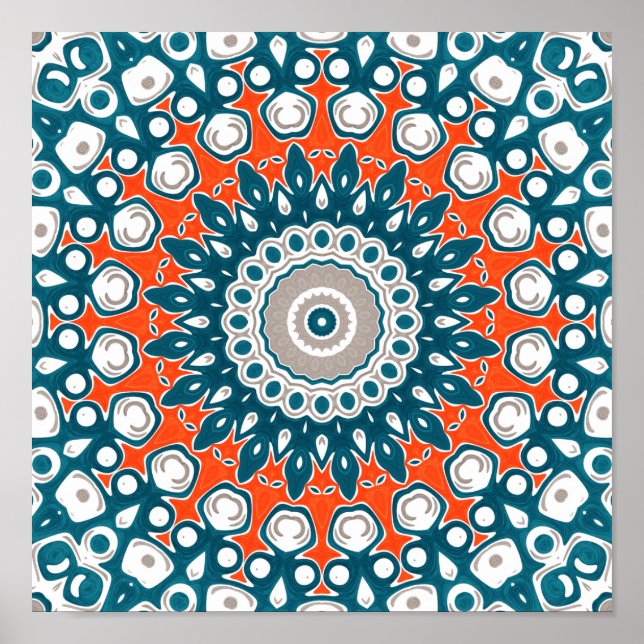 Affiche Mandala symétrique sarcelle et corail audacieux (Devant)