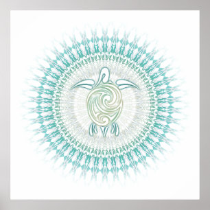Affiche Mandala Tortue Verte Turquoise Côtière