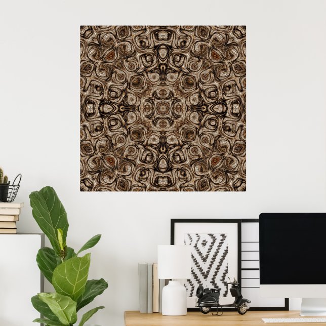 Affiche Mandala Tourbillon Brun Terreux avec Effet Bois (Bureau à domicile)