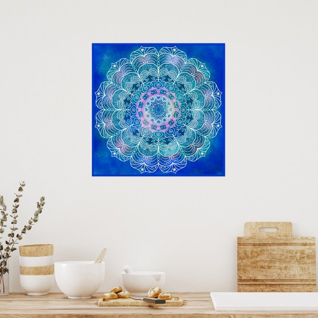 Affiche Mandala White Outline bleu Aquarelle - (Cuisine)