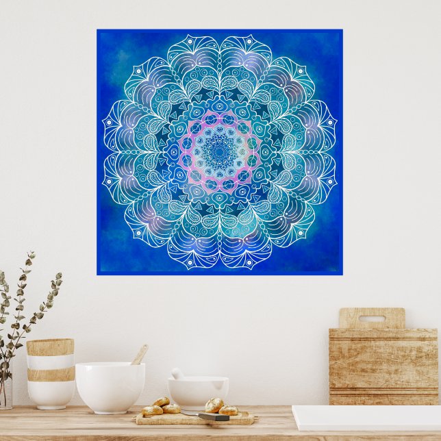 Affiche Mandala White Outline bleu Aquarelle - (Cuisine)